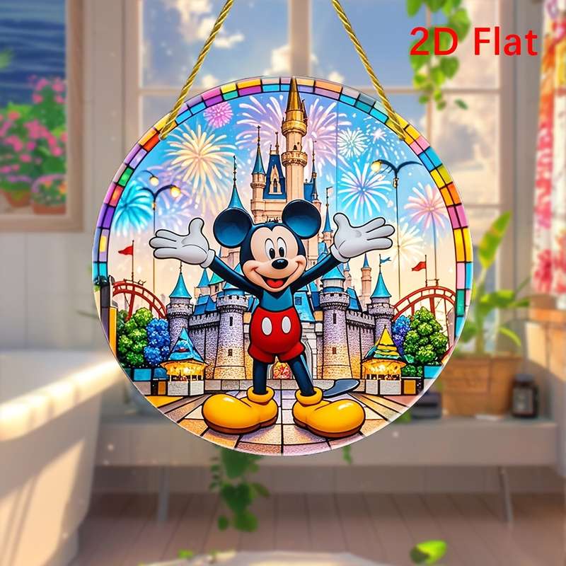 1pc 2D Flat  Gardening Light Catcher Mickey Theme Round Acrylic Suncatcher 5.91x5.91 Inch Staine