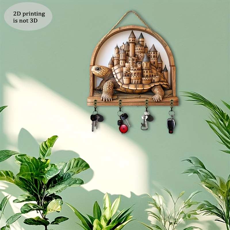 A 2D Artwork Featuring a Turtle And a Beautiful Castle a Minimalist Colorful Wooden Key Holder with