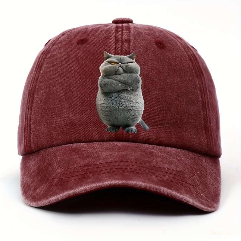 1pc Adjustable Cotton Baseball Cap with Funny Cat Print Unisex Vintage Washed Hat Pre-Curved Sun