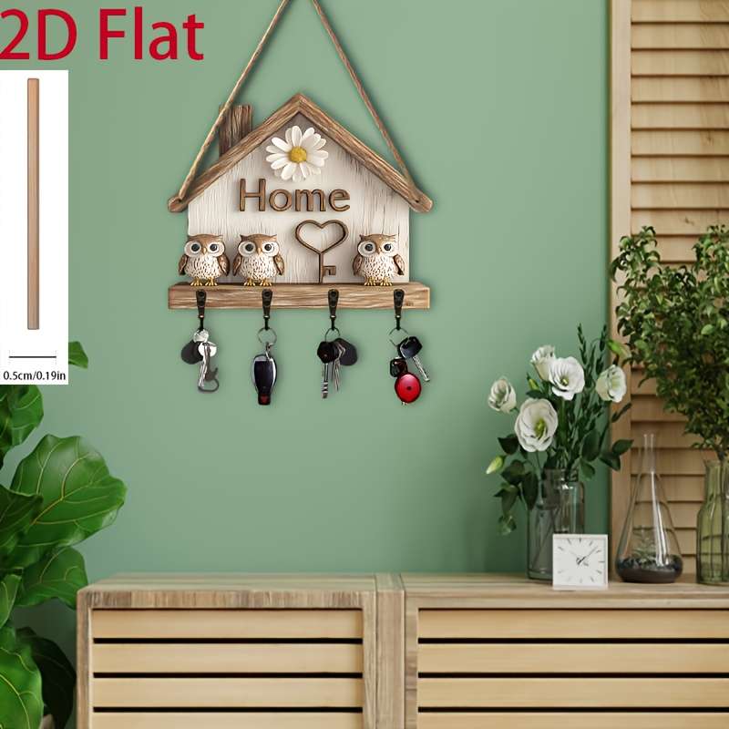 Charming Owl House Key Holder with 4 Metal Hooks Rustic Wooden Wall Decor for Home Porch or Vill