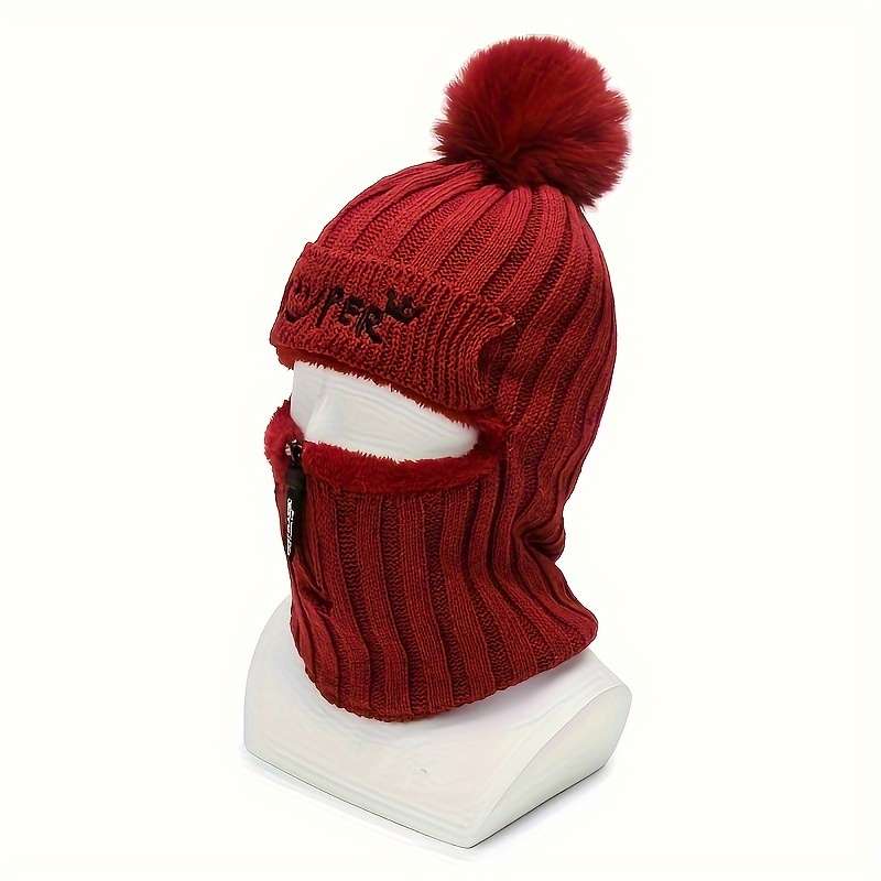 1pc Warm Elastic Knitted Winter Beanie with Pom Pom and Zipper for Women