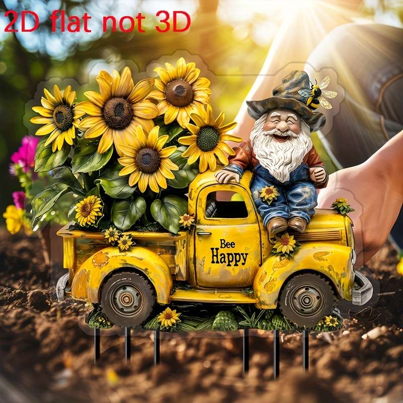 1pc 2D Flat  Happy Bee Driving Vintage Truck Garden Stake Perfect for Yard And Lawn Perfect Flowe