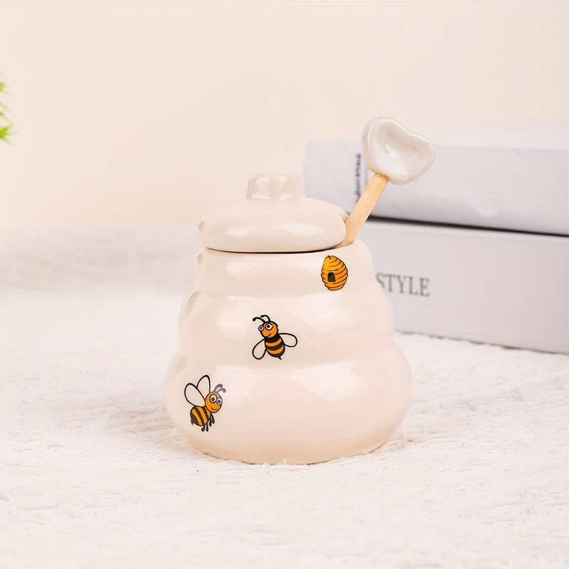 1pc Ceramic Bee Honey Pot with Handle Polished Metal Finish Square Pattern Creative Kitchen Spic
