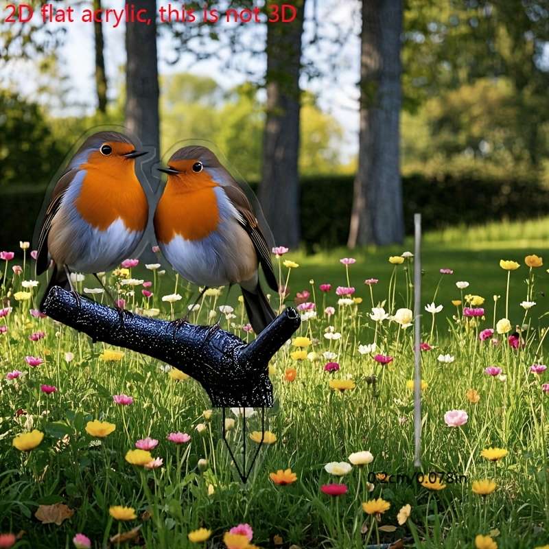 1pc 2D Flat   Robin Acrylic Garden Stake Sign Vibrant Orange Brown Bird Design Weather-Resi
