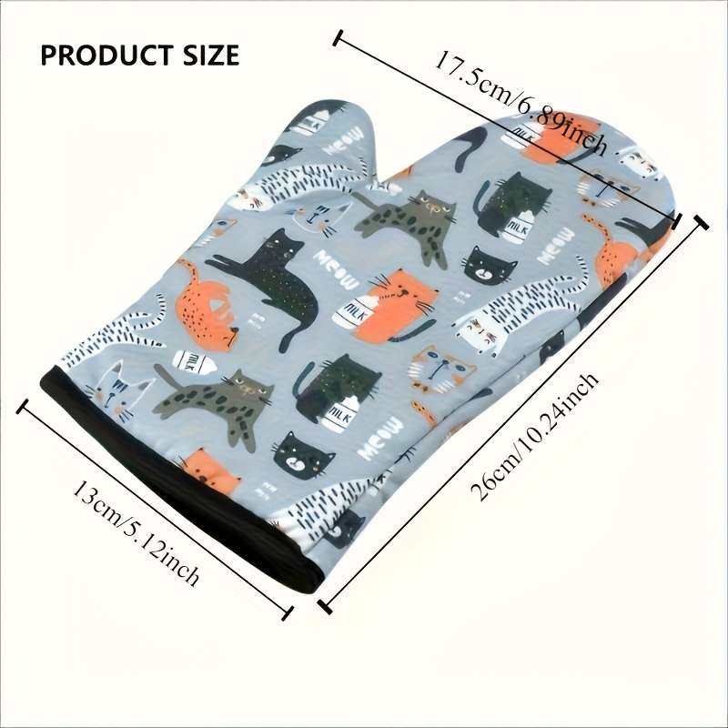 2pcs Cute Cat Pattern Oven Mitts Thick Heat-Resistant Polyester Gloves with Hanging Loop Pe