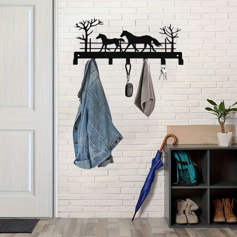 1pc Metal Wall Mount Key Holder Boho Style Black with 7 Hooks Easy Install for Entryw