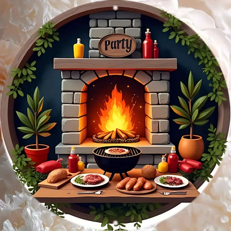 1pc 20.32x20.32cm Round Aluminum Sign Rustic BBQ Party Scene Wall Decor with Stone Fireplace Grill a