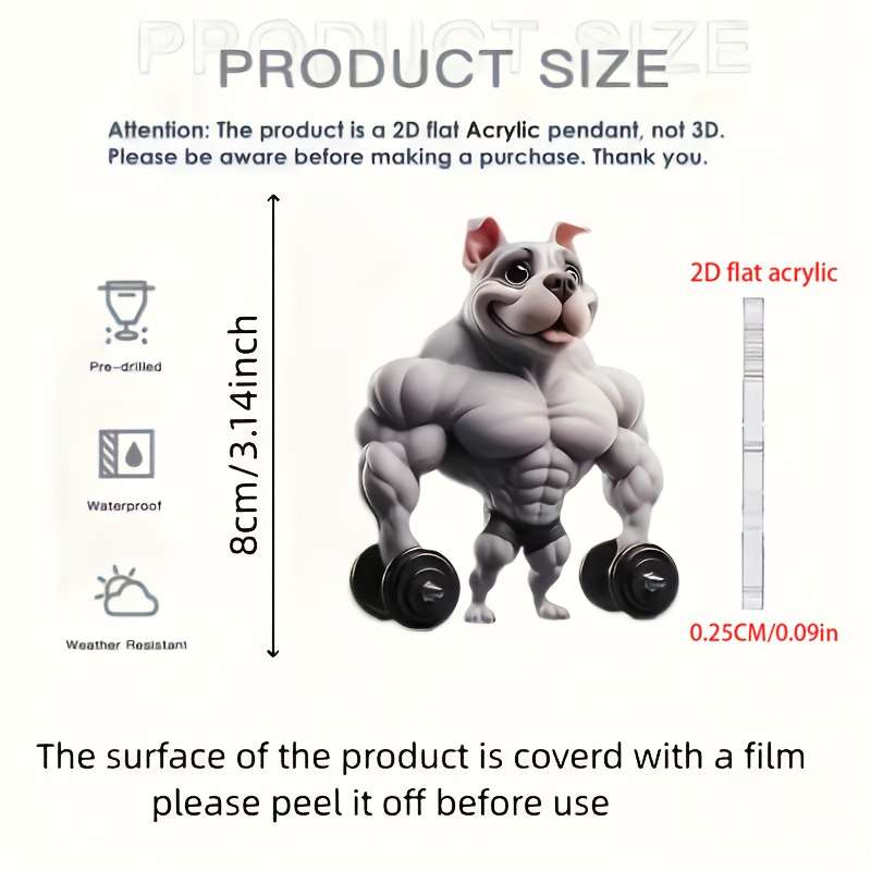 1pc 2D Flat  not3Ds of muscular bulldog acrylic pendant cartoon dog design suitable for car m