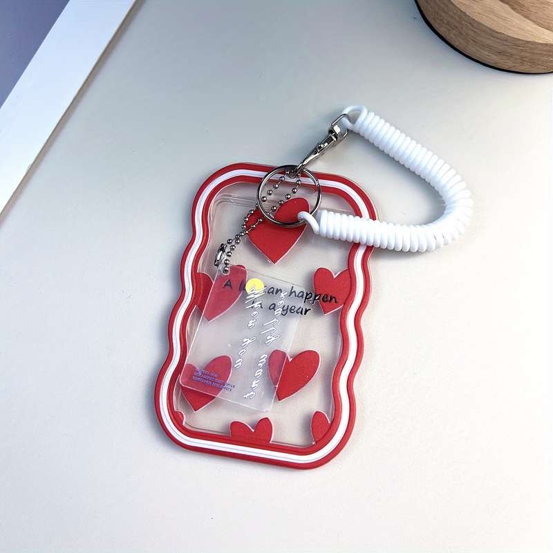 1pc TPU ID Card Holder with Love Text Pattern Portable Office Travel Card Case with Spring Lan