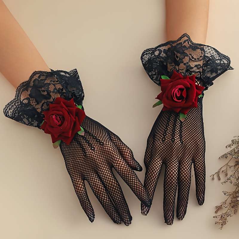1 Pair Polychrome Floral 3D Rose And Lace Gloves