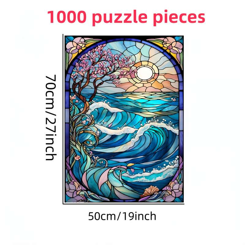 1000pcs Colorful Stained Glass Wave DIY Jigsaw Puzzle for Adults Vibrant Ocean Suns