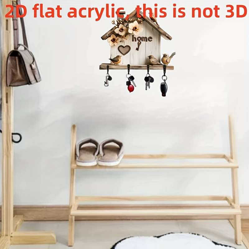 1pc 2D plane printing simple and colorful wooden and home keychain with four black metal hooks 11