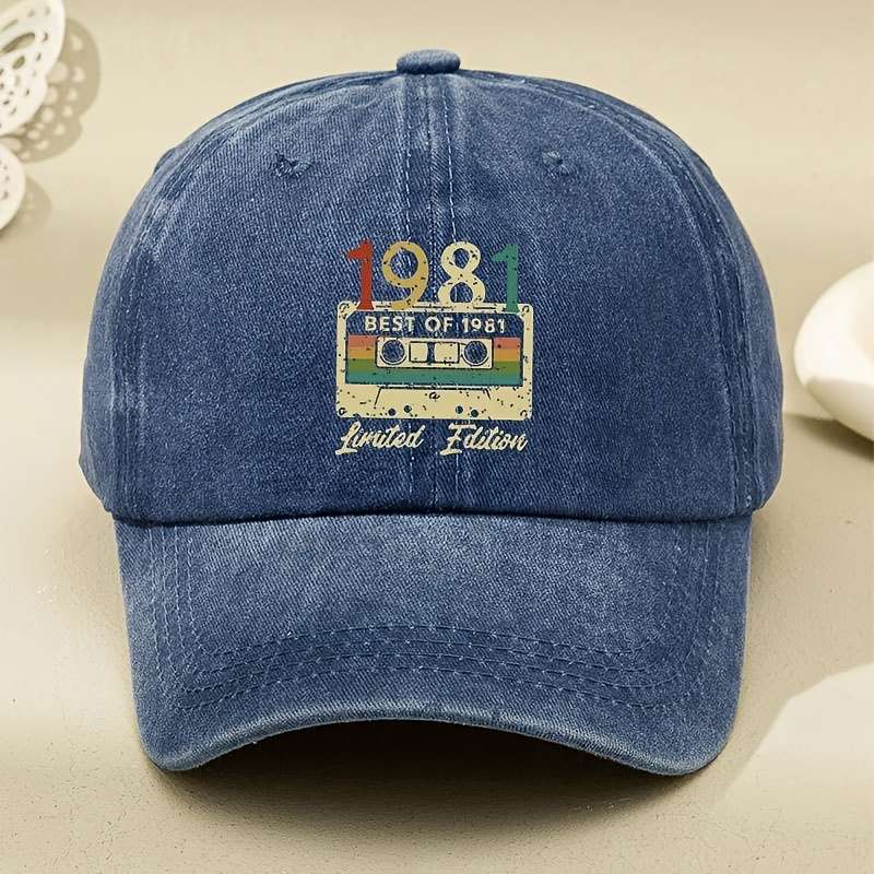 1pc Vintage 1981 Retro Cassette Tape Baseball Cap Black Washed Distressed Design with Adjustable