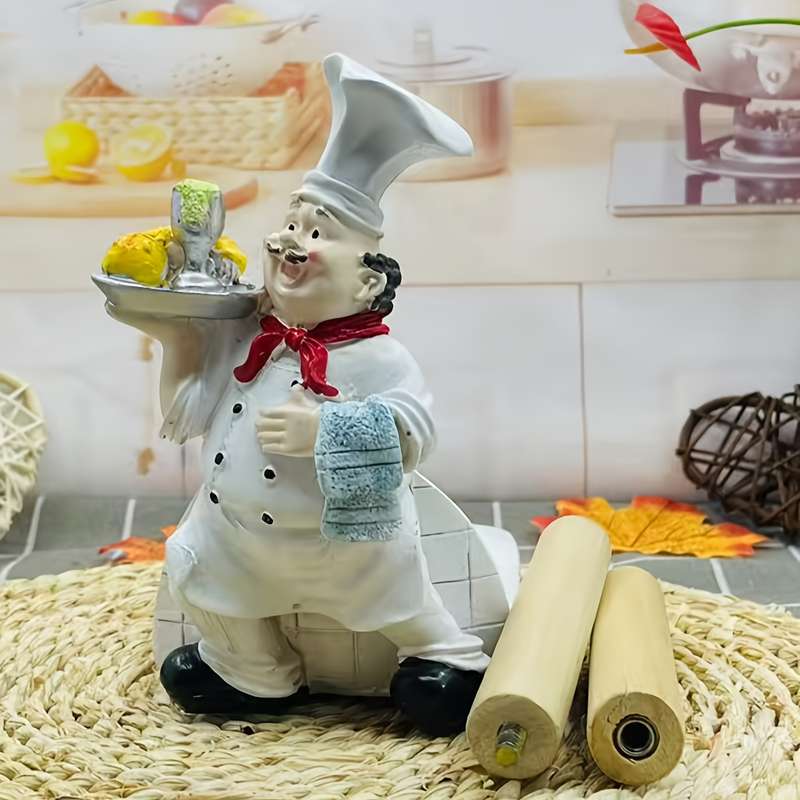 1pc Cartoon Chef Bread-Shaped Paper Towel Holder Resin Kitchen Decor with Red Hat Apron Fu