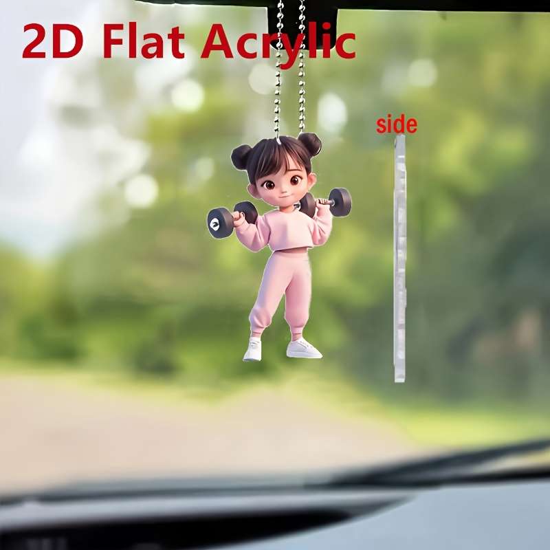 1pc 2D Flat  Acrylic Girl Lifting Dumbbells Pendant Boho Fitness Charm for Car Rearview Mirror B