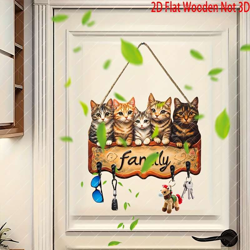 1pc Rustic Wooden "Family" Key Holder with Charming Cat IllustrationsBohemian Style Wall-Mounted