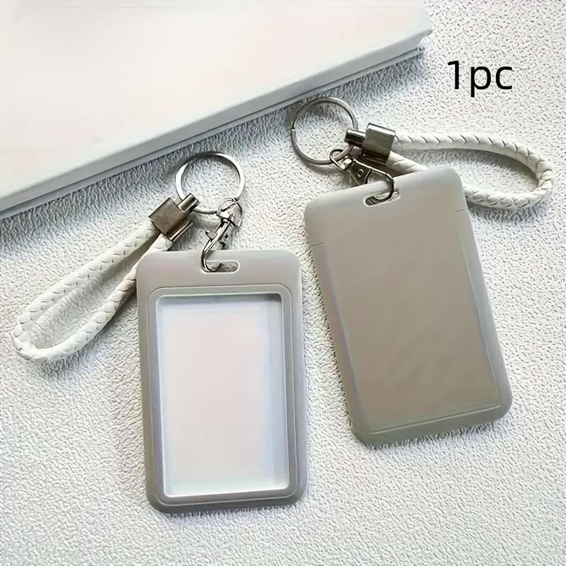 1pc Fashionable Macaron Solid Color Plastic Commuter Card Case with Keychain Hand Washable Non-D