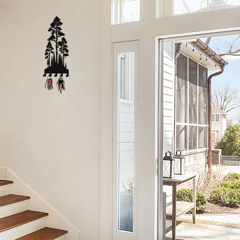12-Inch Metal Wall-Mounted Key Organizer with 5 HooksBlack Forest Silhouette Design Easy to Ins