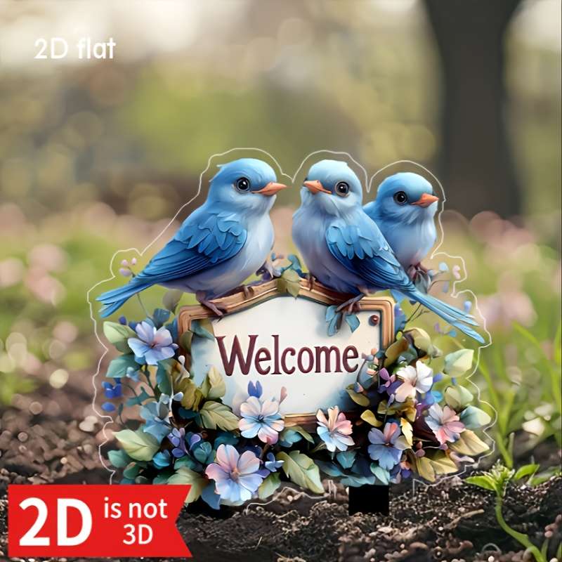 1pc 2D Flat  Charming Welcome Bird Garden Stake Durable Acrylic Waterproof Weatherproof Perfe