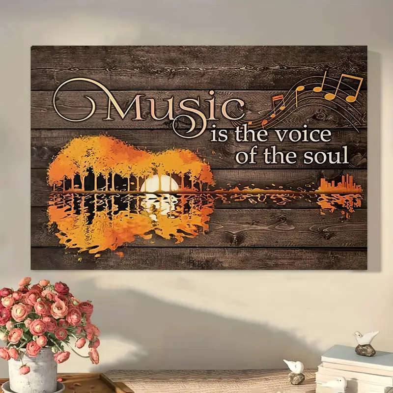 1pc Sunset Guitar Music Is The Voice of the Soul Ready-to-Hang Wooden Framed Canvas Art for Music Lo