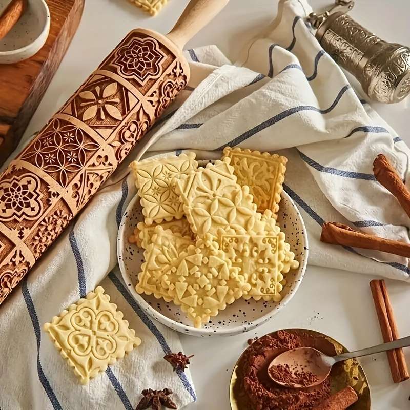 1pc Wooden Embossing Rolling Pin 13.77"x1.77" Christmas Halloween Printed for Pizza Pies