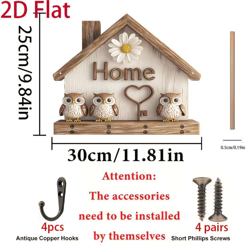 Charming Owl House Key Holder with 4 Metal Hooks Rustic Wooden Wall Decor for Home Porch or Vill