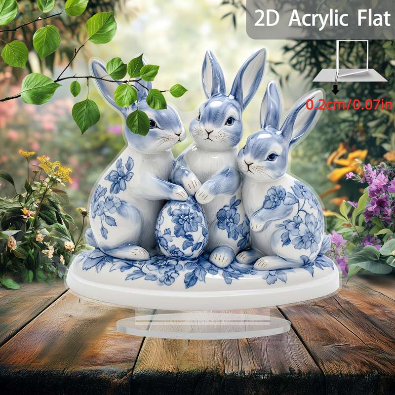 1pc 2D Flat   Plane Easter Blue and White Porcelain Rabbit and Egg  Acrylic Sun Catcher Desk