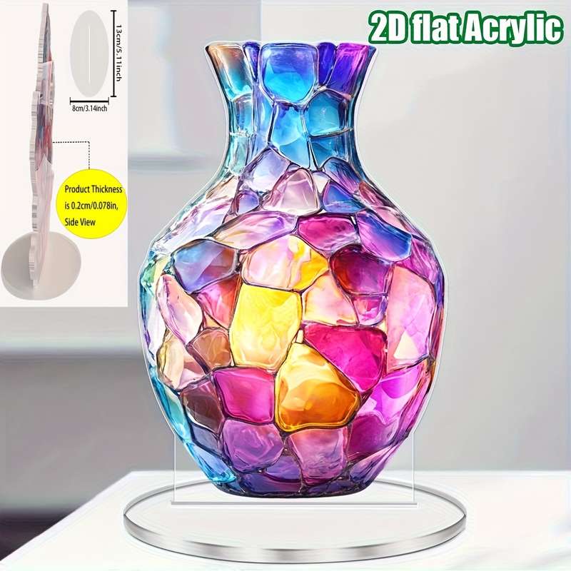 1pc 2D Flat  Acrylic Bohemian Vase Vibrant Mosaic Design Multi-Purpose Tabletop Decor for Home O