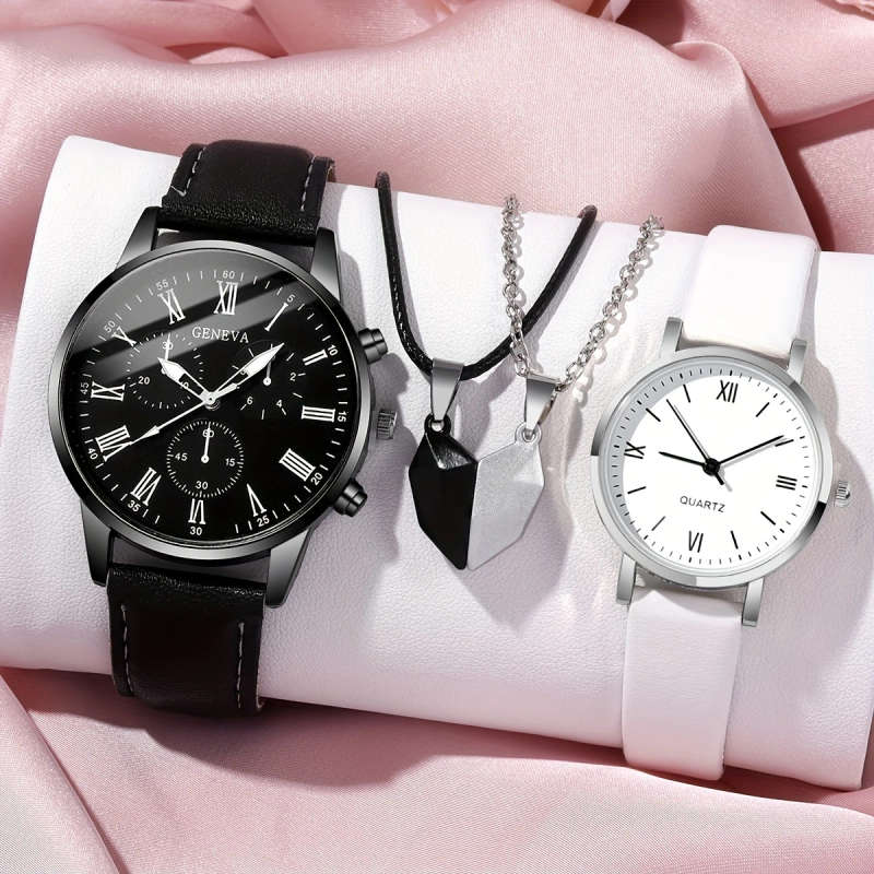 4pcs set Men's and Women's Couple Quartz Watch Set with Magnetic Black and White Love Necklace Simpl