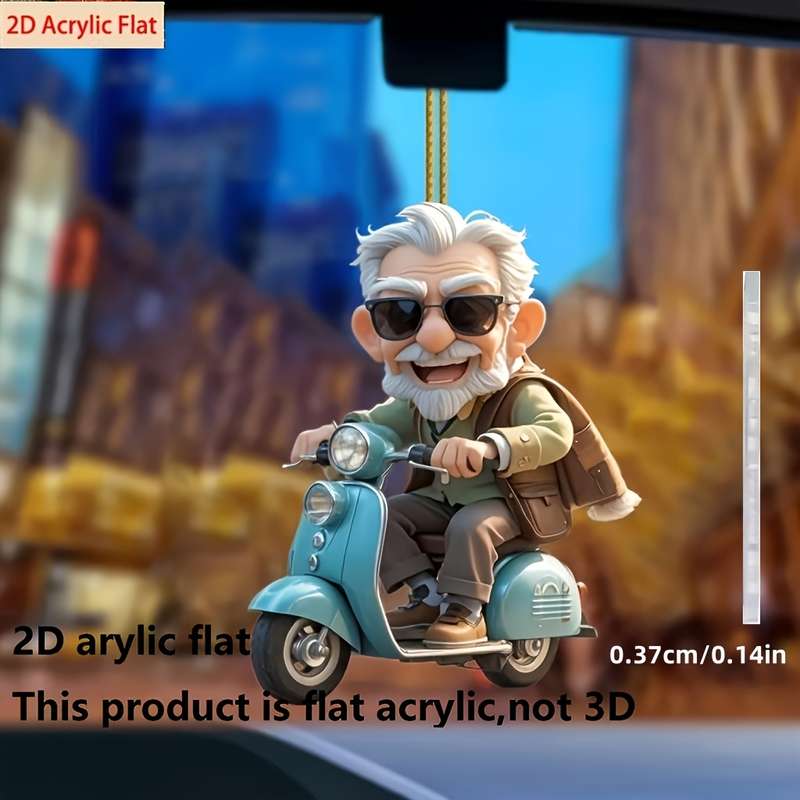 1pc 2D Flat  Acrylic Car Hanging Ornament Happy Grandpa Riding Scooter Ideal for Rearview Mirror