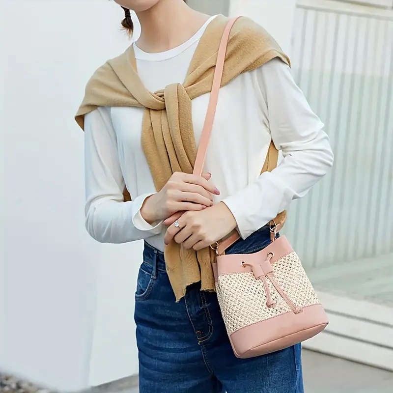 1pc Chic Hollow-Out Bucket Bag for Women Korean Style Woven Crossbody  Shoulder Bag in Beige