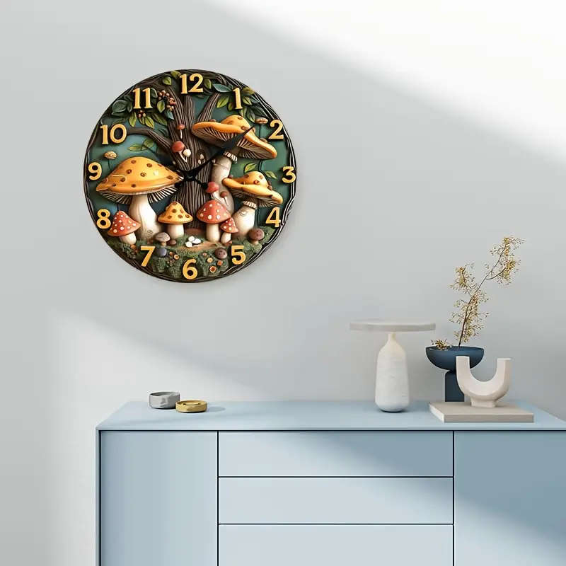 1pc Creative Wooden Wall Clock with 3D Mushroom and Tree Design Silent Analog Clock for Living Room