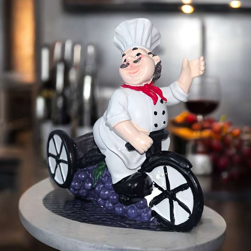 1pc Chef on Tricycle Wine Rack Resin Figurine with Red Hat White Apron Holds Wine Glasses