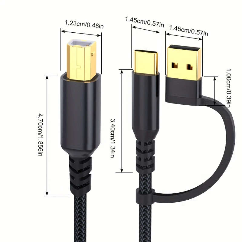 1pc 500cm Printer Cable 2-in-1 USB-A C to USB-B Cable USB C MIDI Cable Braided High Speed Printer