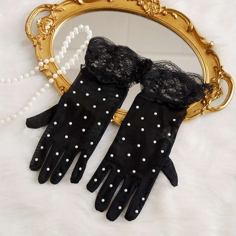 1 Pair Black And White Dots Lace Gloves