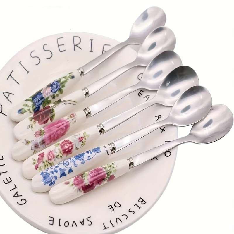 6pcs OUKEAI Stainless Steel Coffee Spoons with Floral Ceramic Handles Elegant Mixing Serving