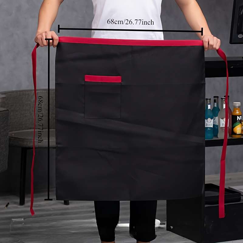 1pc Men's Black Canvas Chef Apron with Red Stripe Half-Length Server Kitchen Work Apron Durabl