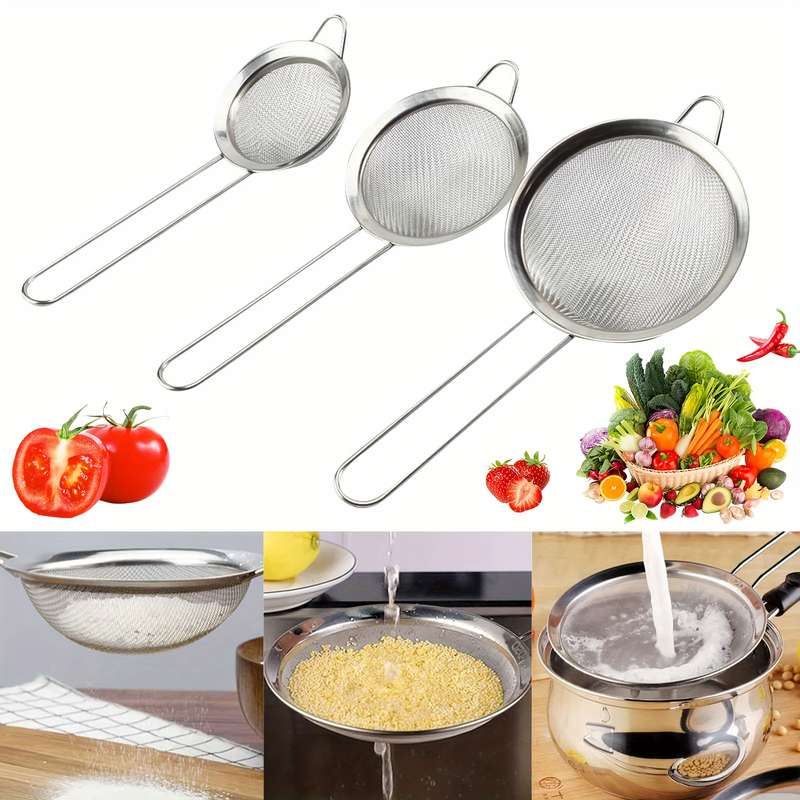 3pcs Stainless Steel Fine Mesh Strainers with Metal Handles Multi-Size Flour Sifters Oil Fi