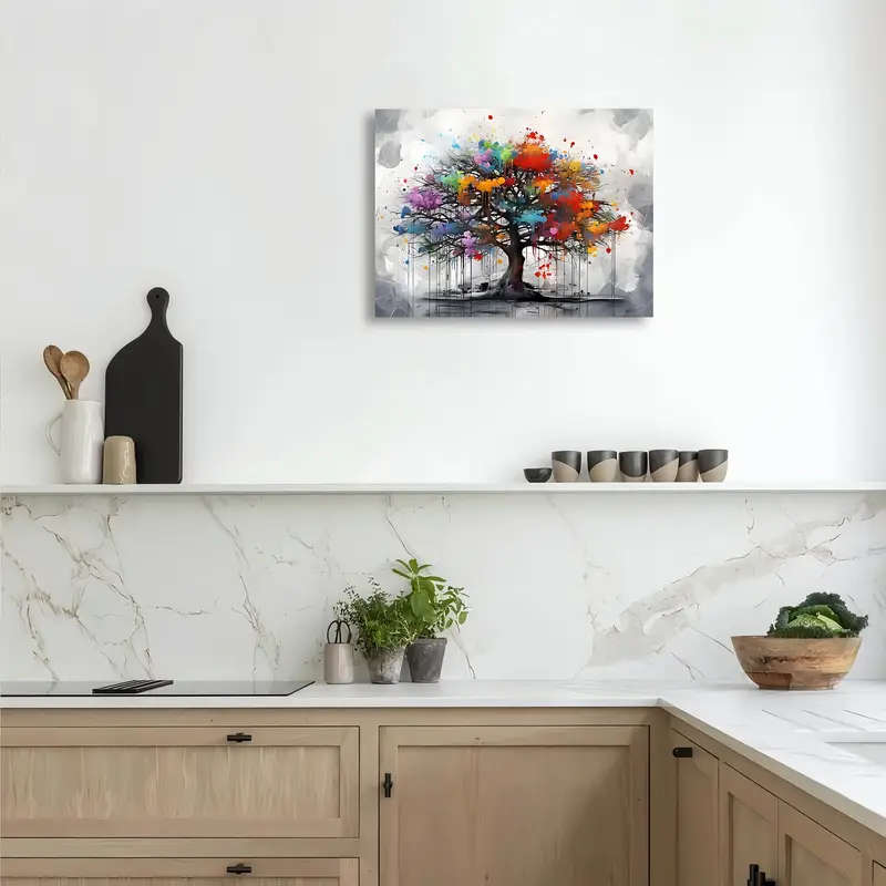 1pc Room Decor Colorful Tree of Life Canvas Wall Art Wooden Framed Vibrant Abstract Print Bachelor P