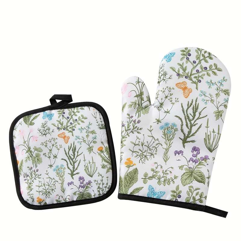 2pcs Polyester Digital Print Mushroom Pattern Kitchen Baking Oven Mittens Heatproof Mats Dining