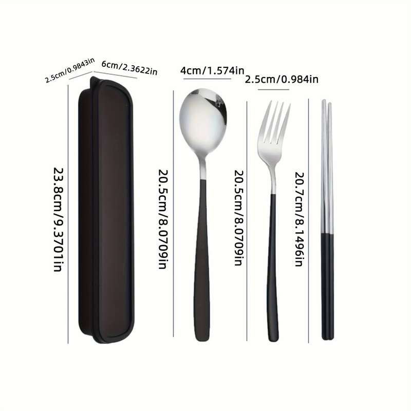Set Of 4 Stainless Steel Portable Cutlery Including Fork Spoon And Chopsticks With A Reusab