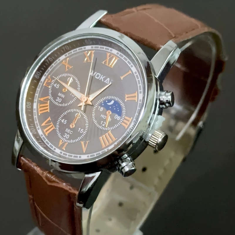 1pc Men's Business Sports Watch with Roman Numerals Black Faux Leather Strap and Moon Phase Display