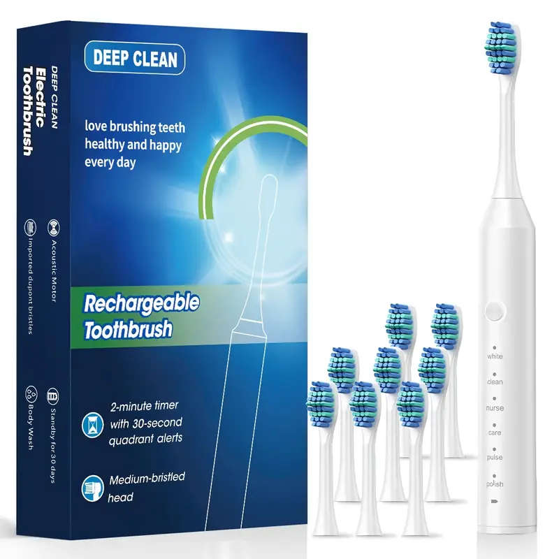 1set Automatic Rechargeable Electric Toothbrush for Adults 8 Brushes  6 Cleaning Modes 500mAh