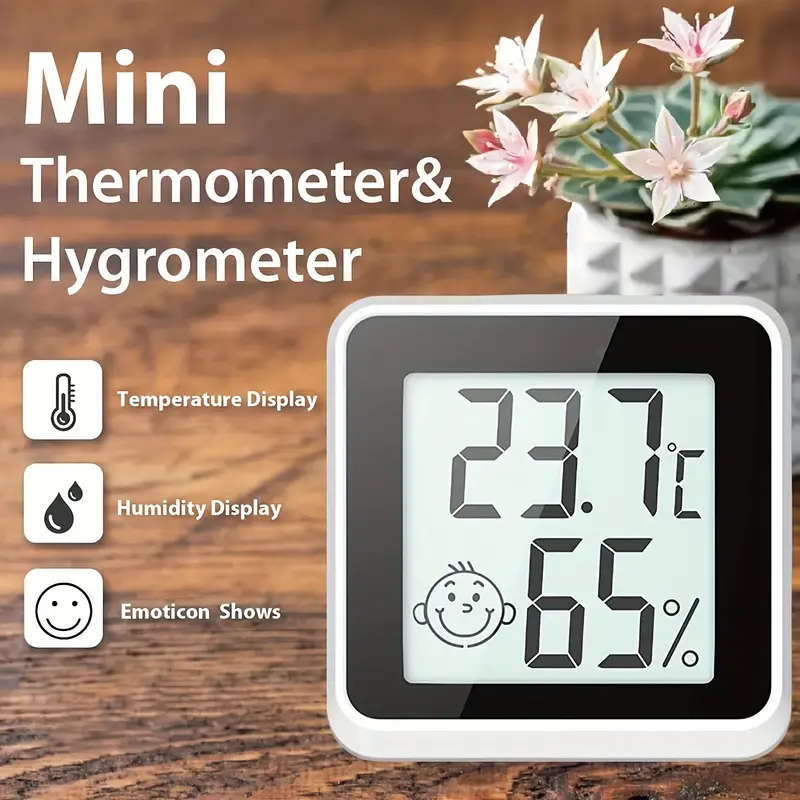 1pc Mini LCD Digital Thermometer Hygrometer Battery-Powered Indoor Humidity Meter with Emoticon Disp