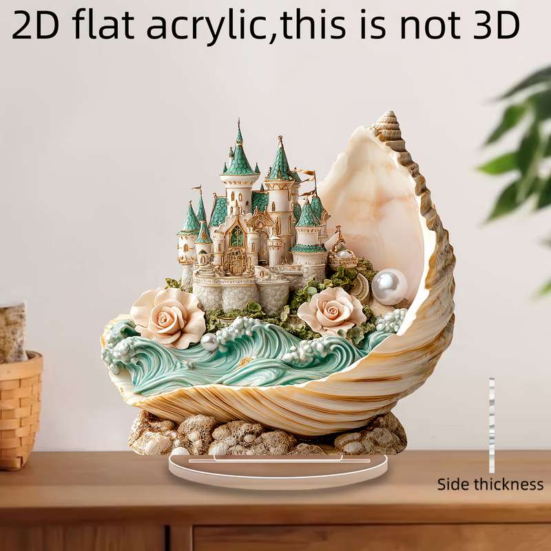 1pc 2D Flat  Bohemian-Style  Acrylic Flat Pearl Castle Desktop Decoration with Stand Elegant Se