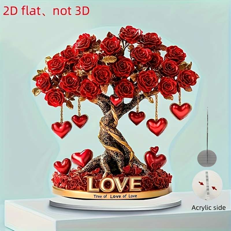 1pc 2D Flat   Bohemian Style Acrylic Heart Rose Tree Decor "Tree of Love" Golden Base with Re