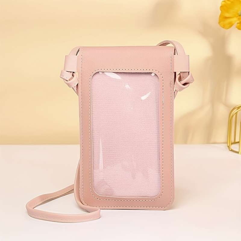 1pc Women'S Vintage Pink Heart Buckle Crossbody Bag with Clear Phone Pocket Durable Synthetic Fau