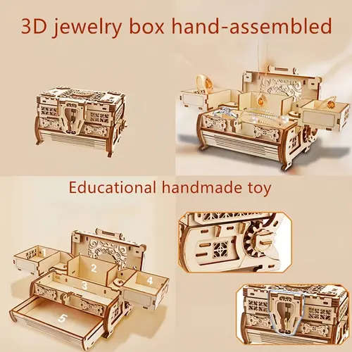 1pc DIY 3D Wooden Puzzle Jewelry Box Handcrafted Khaki Mechanical Treasure Chest with Intricate Desi