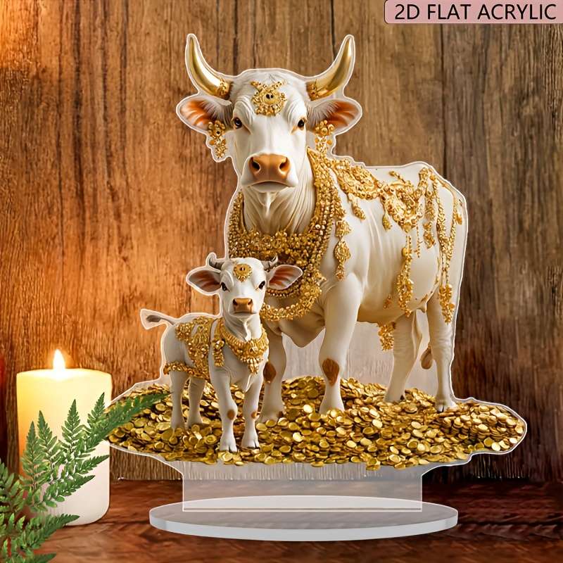 1pc 2D Flat   Boho Style Acrylic Cow Figurine  Animal Theme Tabletop Decor for Home Offi