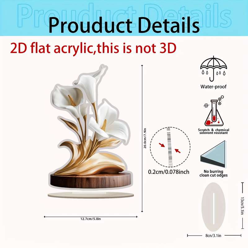 1pc 2D Flat  Printing  Elegant White Lily Acrylic Decor with Base Bohemian Style Perfect for